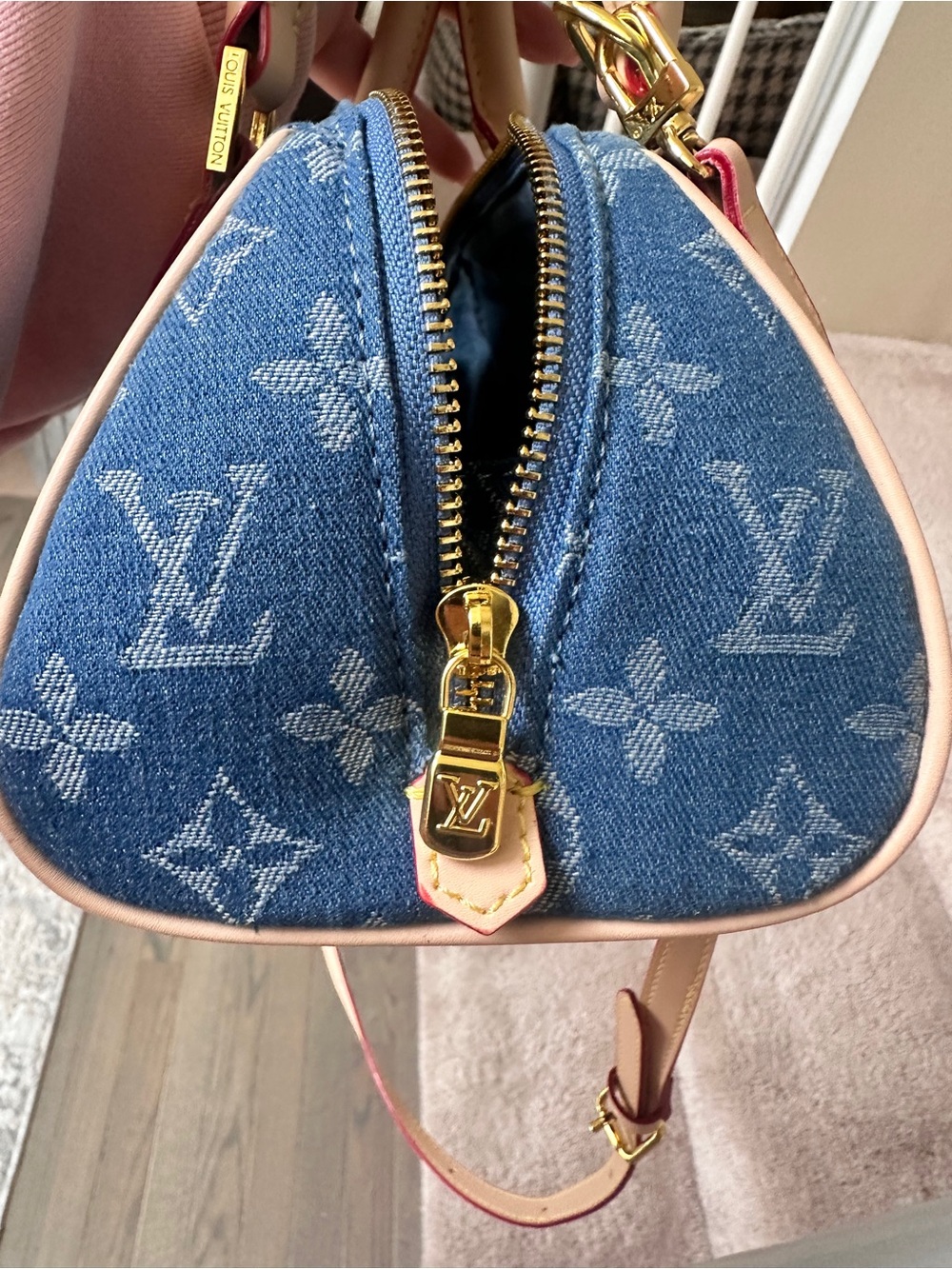 Lux inspired Nano Speedy bag is blue monogram denim. - Picture 7 of 16